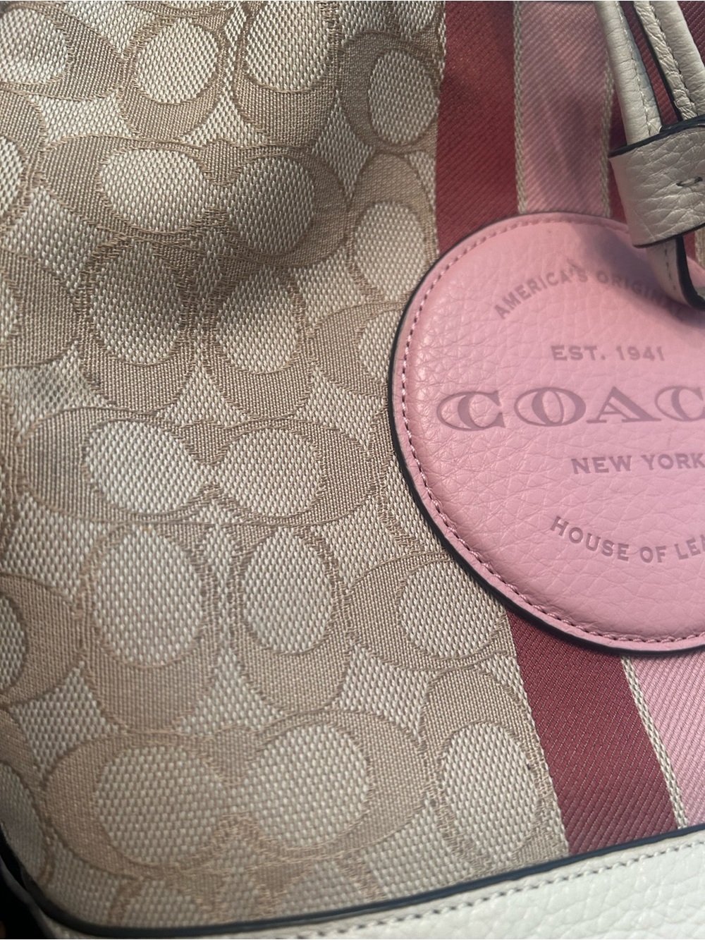 Like NEW Coach Pink & White Signature Canvas Drawstring Bucket Bag - Picture 4 of 6